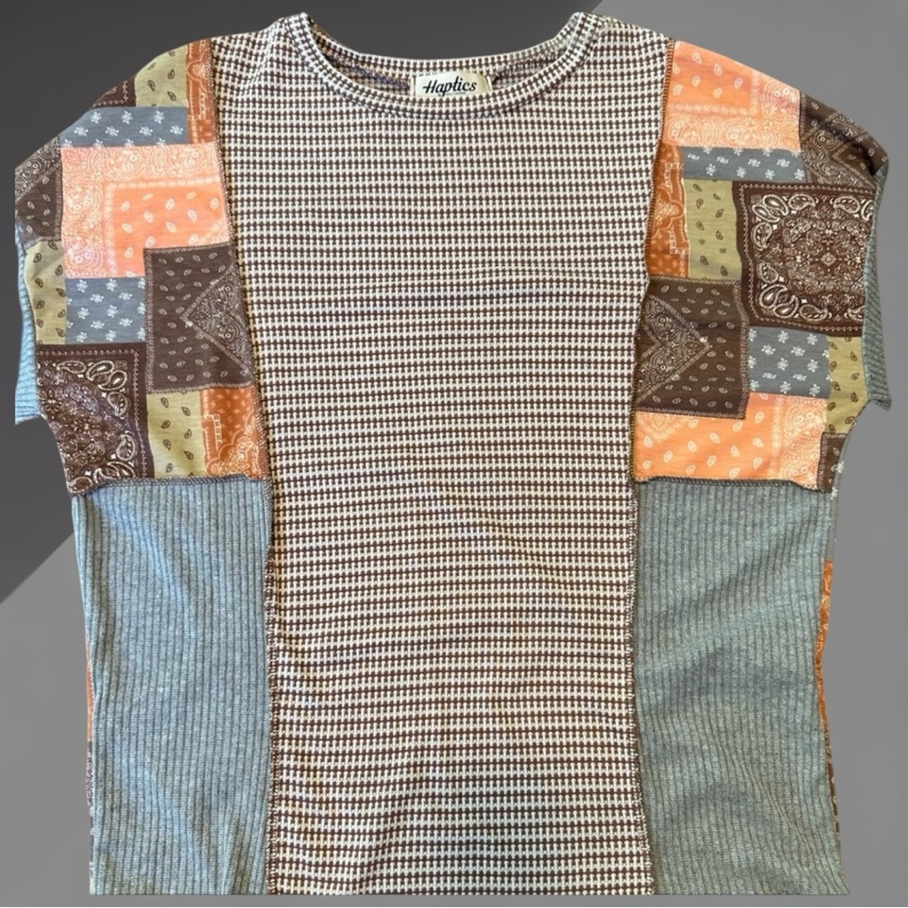 NWOT Mauve Print Patchwork Top Gray Sleeves Size M - Picture 5 of 6
